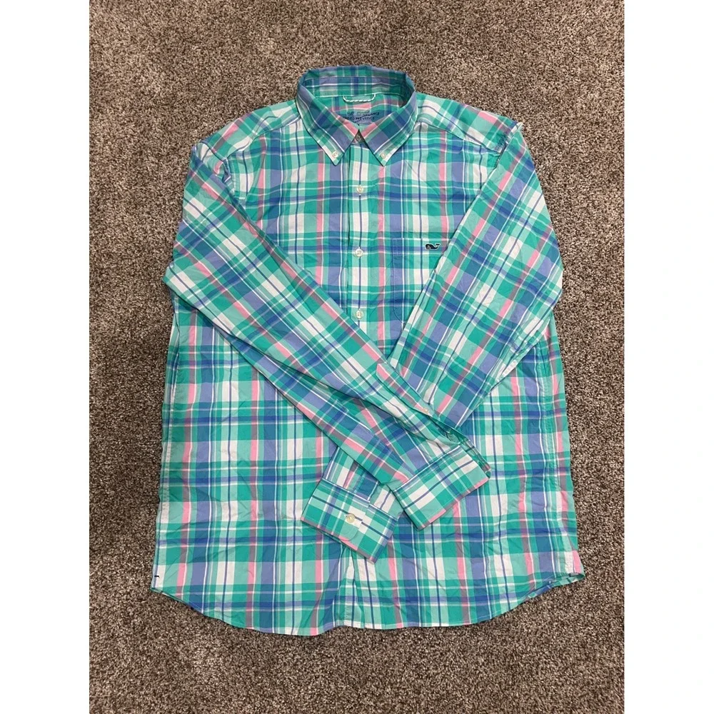 Vineyard Vines OTG Performance Plaid Button Down Shirt Mens Medium Green Blue - Picture 1 of 5